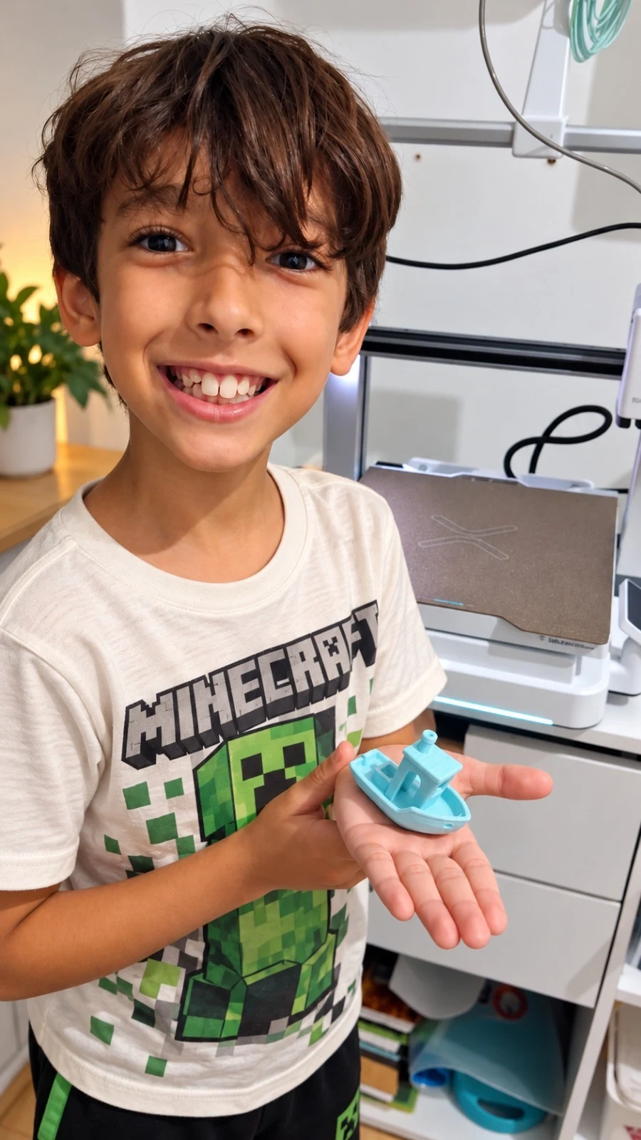 Criança sorrindo com um barquinho impresso em 3D nas mãos, ao lado de uma impressora 3D