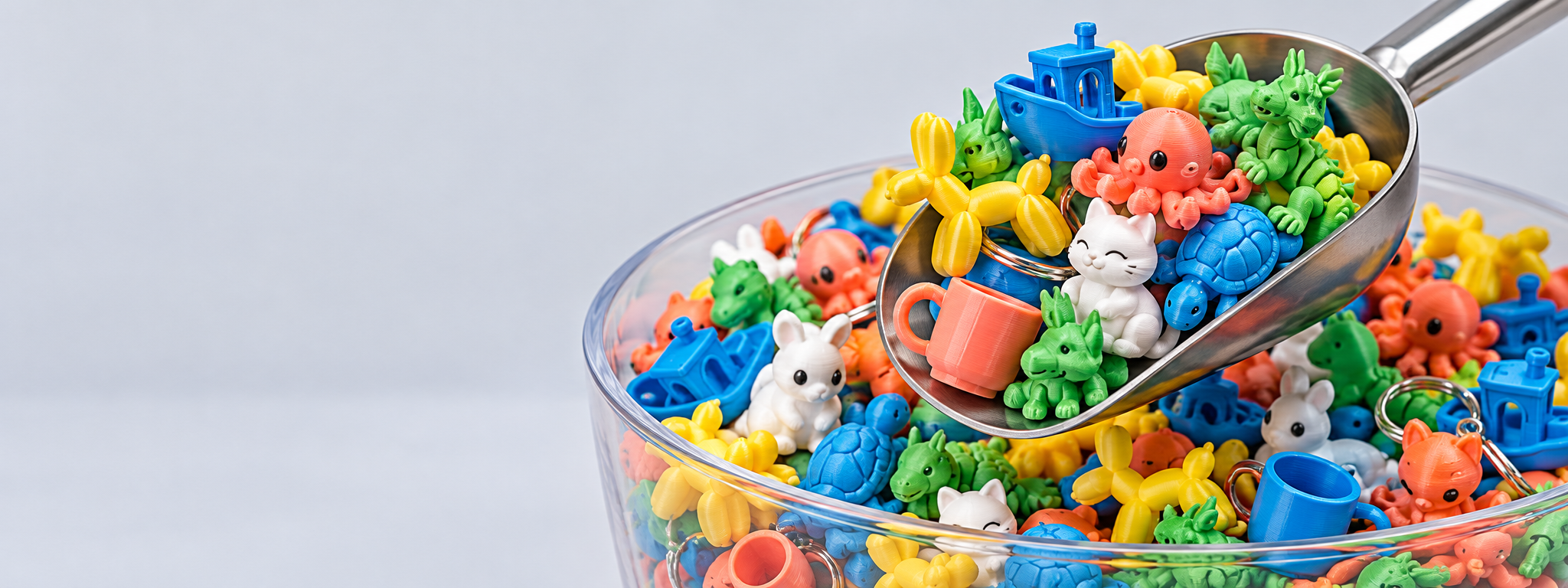 Ilustração de uma concha com miniaturas coloridas sobre um recipiente de peças impressas em 3D